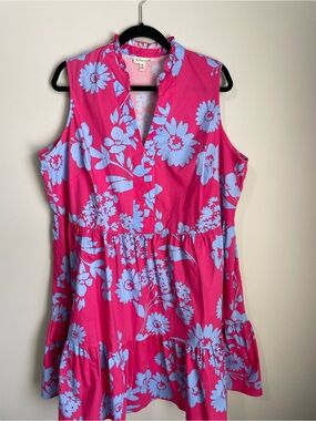 Bright Pink Floral Sleeveless Tunic Dress with Light Blue Blooms